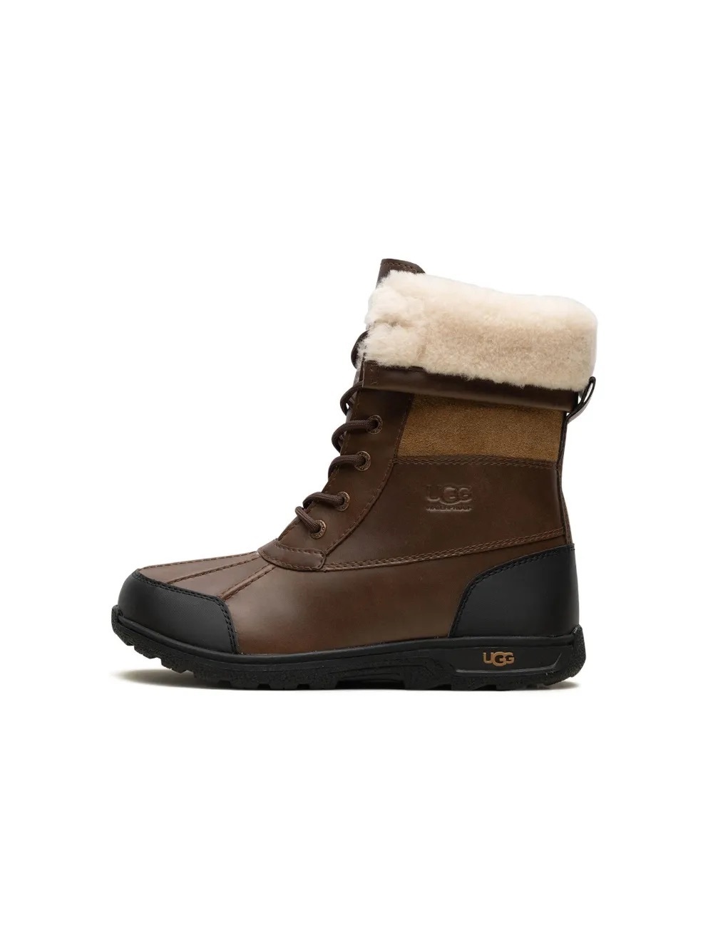 UGG Brown Leather Lace-Up Shearling Boot with Black Sole
